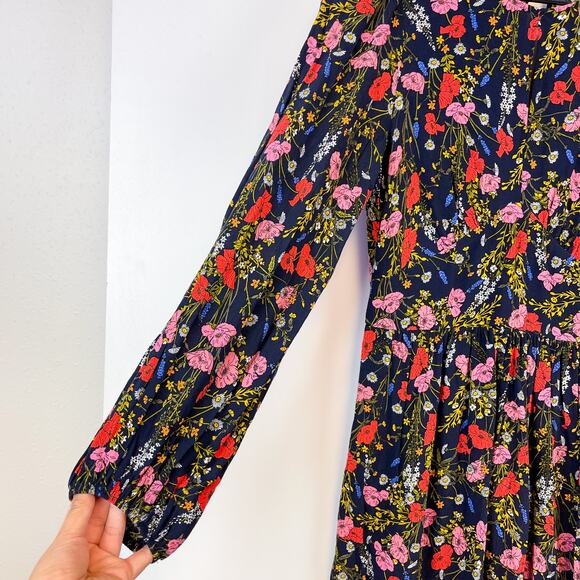 Banana Republic Size 0 Floral Mini LS Fit & Flare Empire Waist Dress Pink Red - Picture 5 of 13